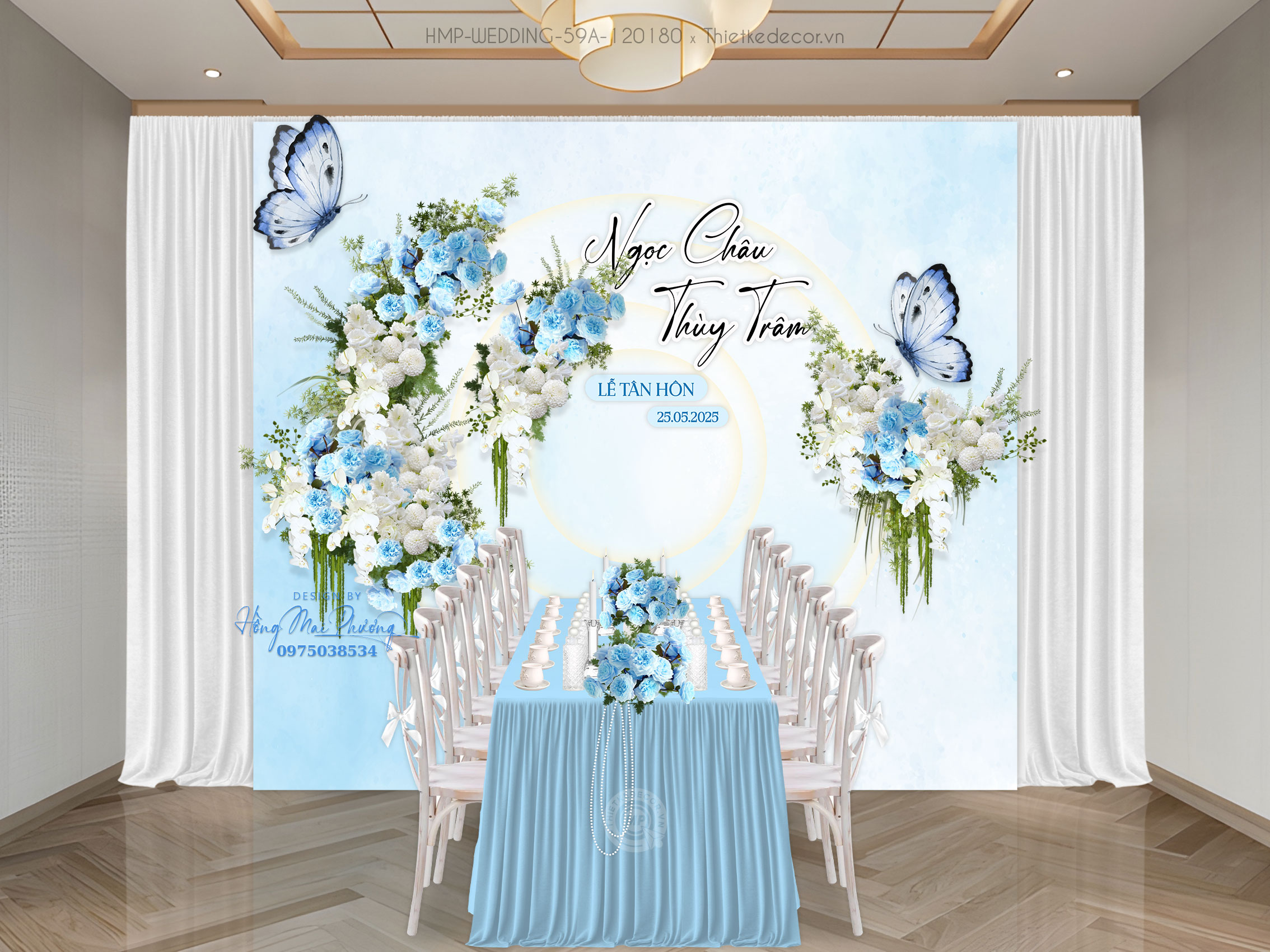 Gia tiên tone  xanh dương phối bướm